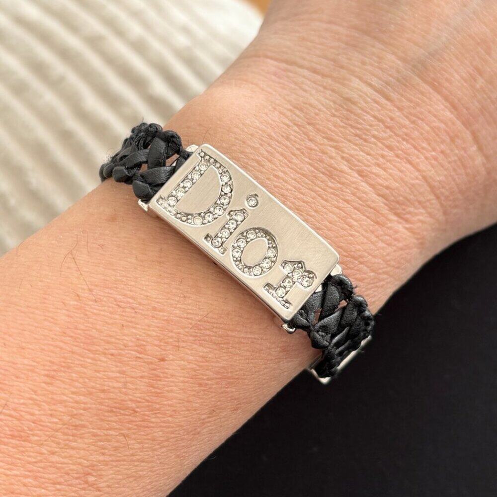VTG CHRISTIAN DIOR Rhinestone Logo Plate Bracelet Woven Leather Band Y2K - Picture 2 of 9